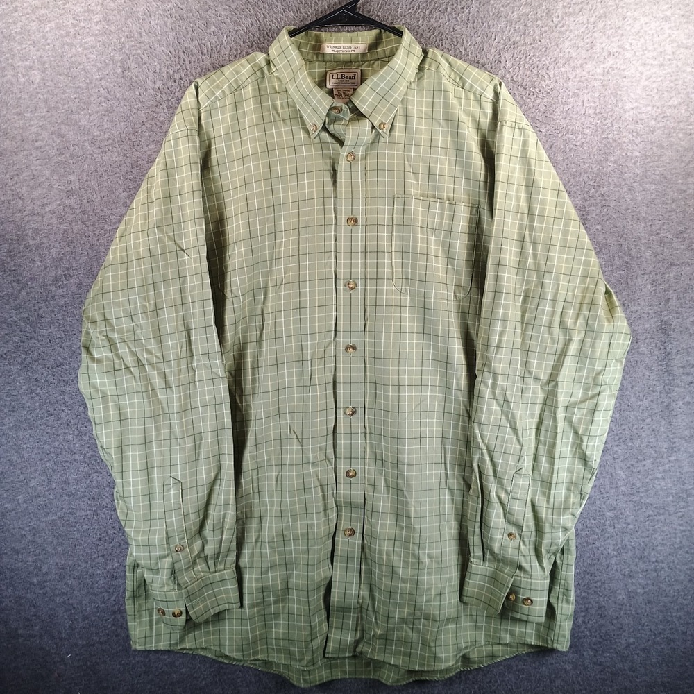 LL Bean Wrinkle-Free Kennebunk Sport Shirt Men XLT Traditional Fit Check Green